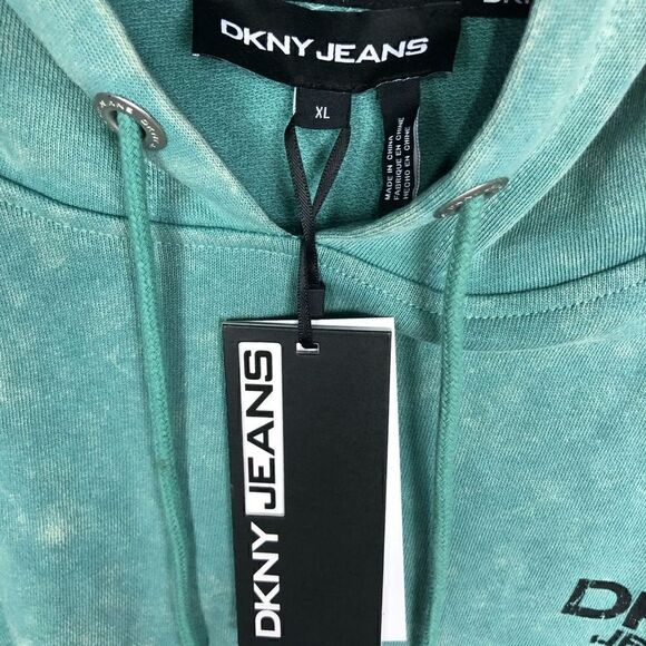 DKNY Hoodie Drawstring Cropped Green Yellow Tie Dye Left Chest Logo Pullover XL - Picture 10 of 15